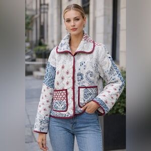 🧵 HANDMADE Patchwork Quilted Jacket with Red Trim S/M
